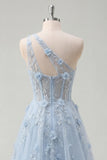 A-Line One Shoulder Blue Corset Appliqued Long Prom Dress with Beading