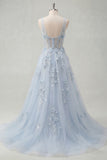 A-Line Blue V-Neck Beaded Corset Appliqued Long Prom Dress with Slit