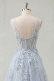 A-Line Blue V-Neck Beaded Corset Appliqued Long Prom Dress with Slit