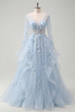 Blue A-Line Beaded Long Sleeves Corset Prom Dress with Appliqued 3D Flowers
