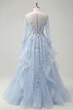 Blue A-Line Beaded Long Sleeves Corset Prom Dress with Appliqued 3D Flowers