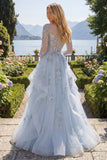 Blue A-Line Beaded Long Sleeves Corset Prom Dress with Appliqued 3D Flowers