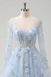 Blue A-Line Beaded Long Sleeves Corset Prom Dress with Appliqued 3D Flowers