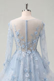 Blue A-Line Beaded Long Sleeves Corset Prom Dress with Appliqued 3D Flowers