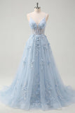A-Line Blue Spaghetti Straps Beaded Sheer Corset Long Prom Dress with Appliques