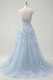 A-Line Blue Spaghetti Straps Beaded Sheer Corset Long Prom Dress with Appliques