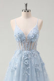 A-Line Blue Spaghetti Straps Beaded Sheer Corset Long Prom Dress with Appliques