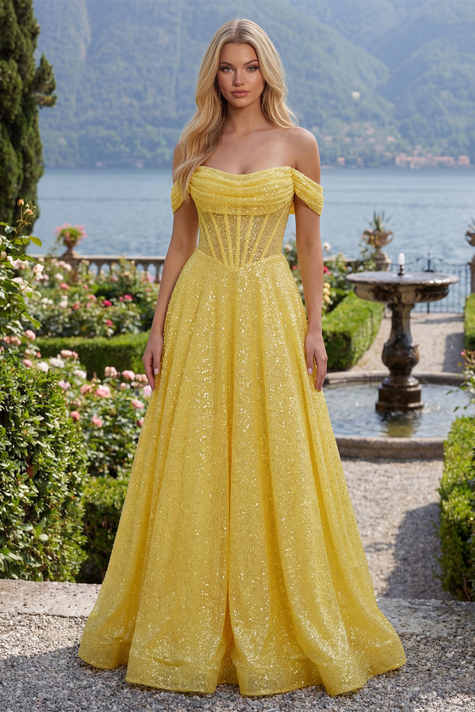 ZAPAKA Women Sparkly A-Line Prom Dress Yellow Off the Shoulder Corset ...