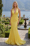 Sparkly Mermaid Yellow Halter Neck Sequins Long Prom Dress