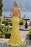 Sparkly Mermaid Yellow Halter Neck Sequins Long Prom Dress