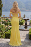 Sparkly Yellow Off the Shoulder Mermaid Corset Sequins Long Prom Dress with Slit