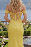 Sparkly Yellow Off the Shoulder Mermaid Corset Sequins Long Prom Dress with Slit