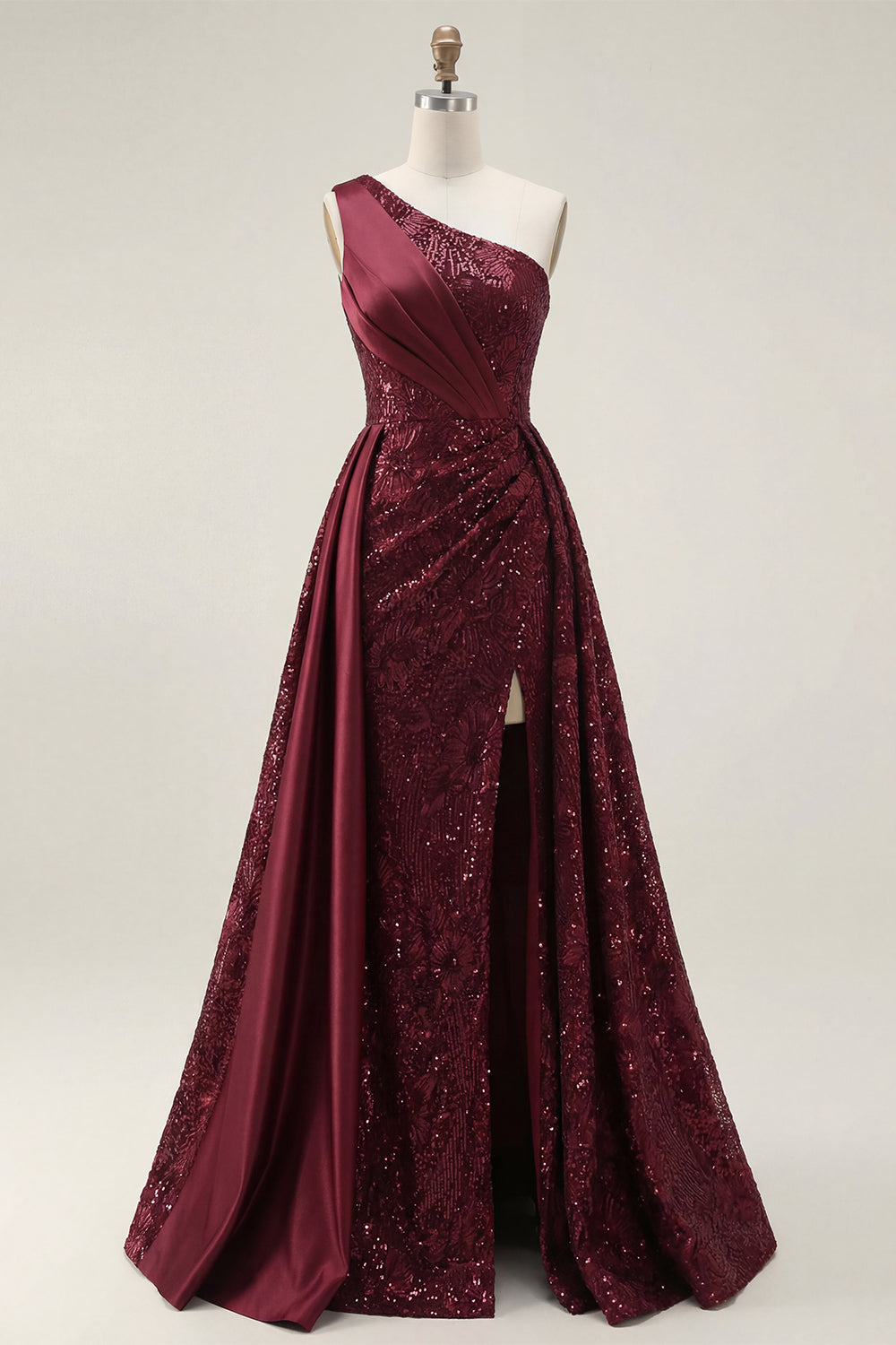 ZAPAKA Women Sparkly Burgundy Prom Dress with Slit A-Line One Shoulder