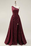 Sparkly Burgundy A-Line One Shoulder Sequins Long Prom Dress with Slit