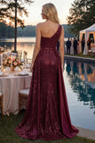 Sparkly Burgundy A-Line One Shoulder Sequins Long Prom Dress with Slit
