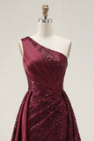Sparkly Burgundy A-Line One Shoulder Sequins Long Prom Dress with Slit