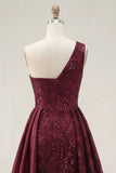 Sparkly Burgundy A-Line One Shoulder Sequins Long Prom Dress with Slit