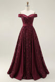 Sparkly Off the Shoulder Burgundy A-Line Sequins Long Prom Dress