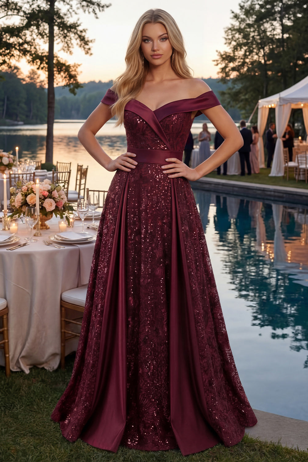ZAPAKA Women Sparkly Burgundy Prom Dress A-Line Off the Shoulder