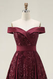 Sparkly Off the Shoulder Burgundy A-Line Sequins Long Prom Dress