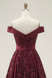 Sparkly Off the Shoulder Burgundy A-Line Sequins Long Prom Dress