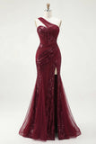 Sparkly One Shoulder Burgundy Mermaid Sequins Long Prom Dress with Slit
