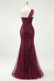 Sparkly One Shoulder Burgundy Mermaid Sequins Long Prom Dress with Slit