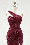 Sparkly One Shoulder Burgundy Mermaid Sequins Long Prom Dress with Slit