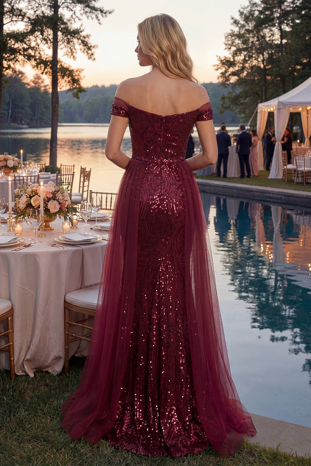 Zapaka Women Sparkly Burgundy Long Prom Dress Off The Shoulder Mermaid Party Dress with Sequins, Burgundy / UK6