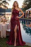 Sparkly Burgundy Mermaid One Shoulder Sequins Long Prom Dress with Slit