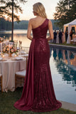 Sparkly Burgundy Mermaid One Shoulder Sequins Long Prom Dress with Slit
