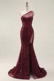 Sparkly Burgundy Sequins Mermaid One Shoulder Long Prom Dress with Slit