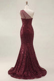 Sparkly Burgundy Sequins Mermaid One Shoulder Long Prom Dress with Slit