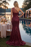 Sparkly Burgundy Sequins Mermaid One Shoulder Long Prom Dress with Slit