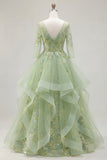 Green A-Line Corset V-Neck Appliqued Long Prom Dress with Ruffles