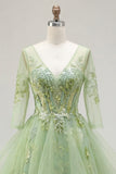 Green A-Line Corset V-Neck Appliqued Long Prom Dress with Ruffles