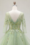 Green A-Line Corset V-Neck Appliqued Long Prom Dress with Ruffles