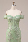 Mermaid Green Off the Shoulder Corset Appliqued Long Prom Dress