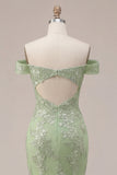 Mermaid Green Off the Shoulder Corset Appliqued Long Prom Dress