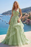 Green A-Line Corset V-Neck Appliqued Long Prom Dress with Ruffles