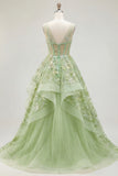 Green A-Line Corset V-Neck Appliqued Long Prom Dress with Ruffles