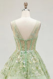 Green A-Line Corset V-Neck Appliqued Long Prom Dress with Ruffles