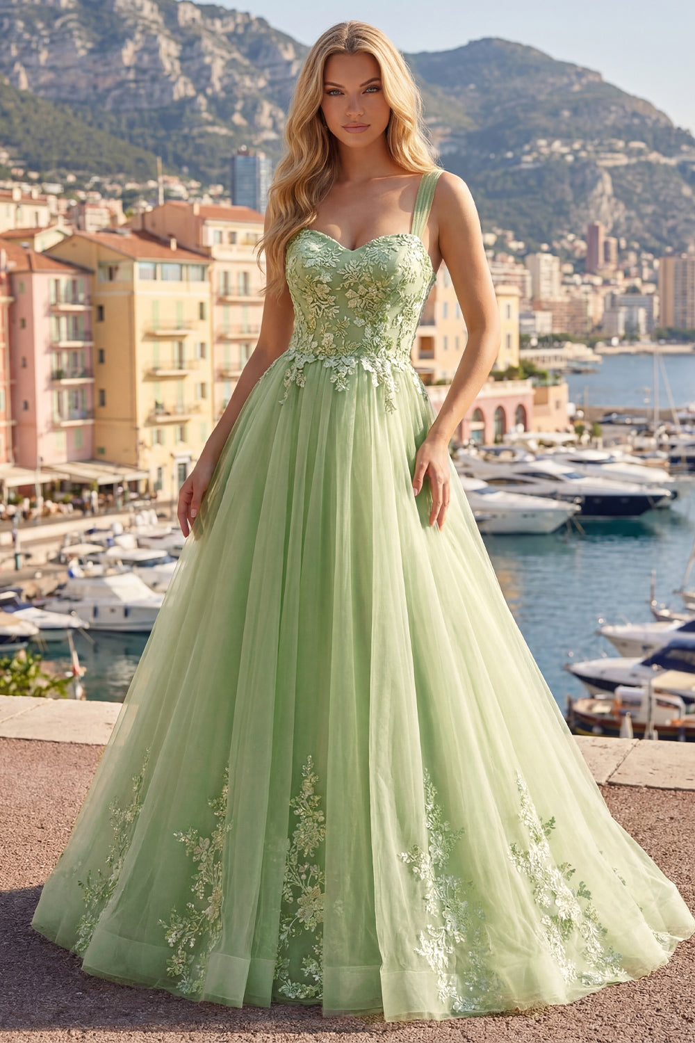 ZAPAKA Women Green Tulle Prom Dress A-Line Floral Appliqued Long