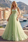 Green A-Line Spaghetti Straps Floral Long Prom Dress with Appliques