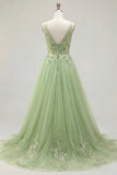 Green A-Line Spaghetti Straps Floral Long Prom Dress with Appliques