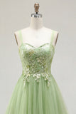 Green A-Line Spaghetti Straps Floral Long Prom Dress with Appliques