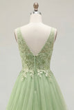 Green A-Line Spaghetti Straps Floral Long Prom Dress with Appliques