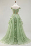 Off the Shoulder Green A-Line Appliqued Corset Floral Long Prom Dress with Ruffles