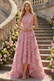 Taro A-Line Halter Neck Corset Long Prom Dress with Appliqued 3D Flowers