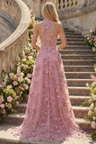 Taro A-Line Halter Neck Corset Long Prom Dress with Appliqued 3D Flowers